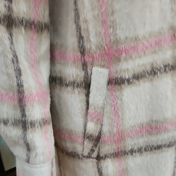 NEW - 7 FOR ALL MANKIND Pink & Cream Plaid Shacket Duster Coat - Picture 4 of 13
